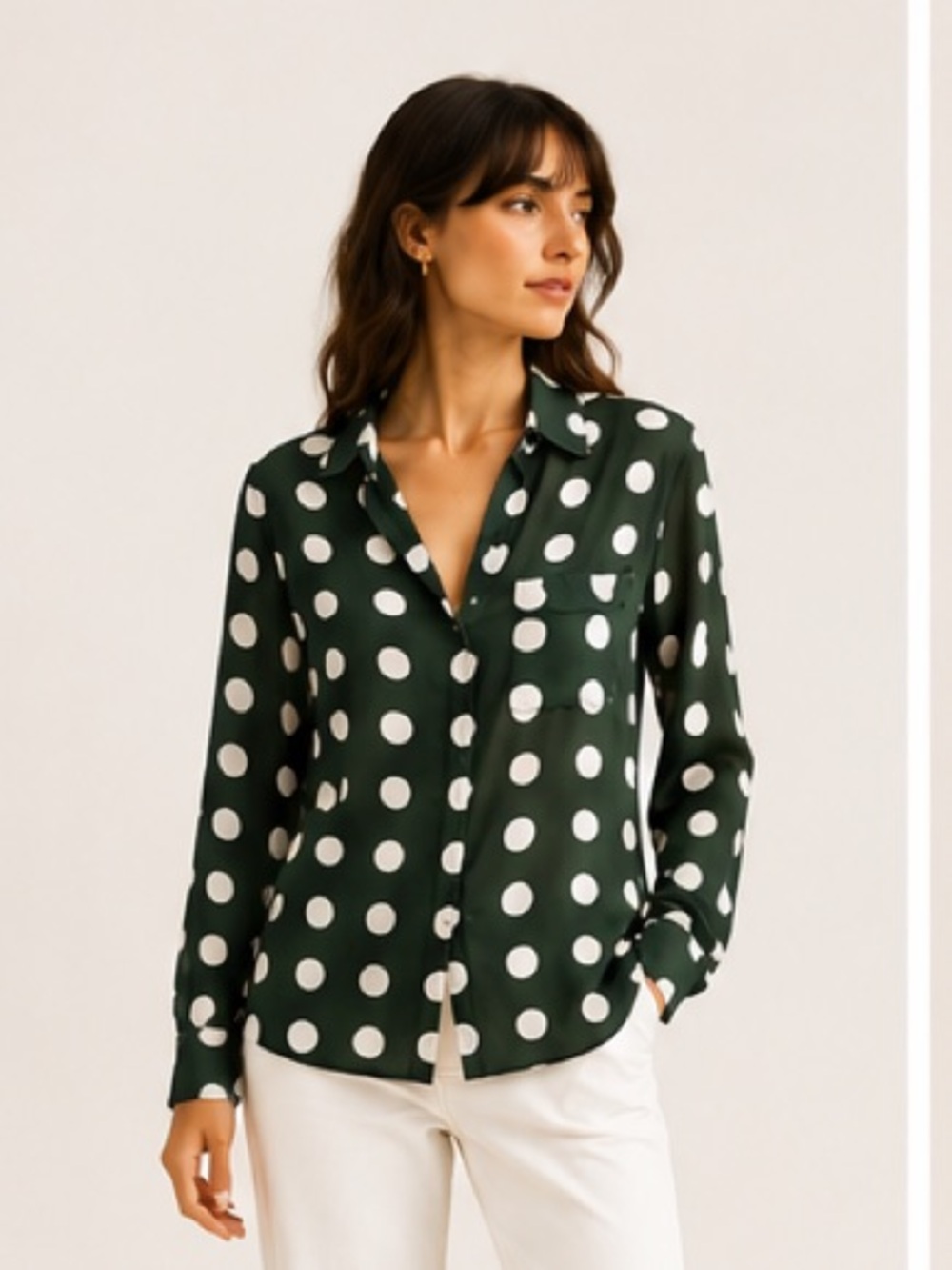 Equipment 100% Silk Blouse Dark Green White Polka Dot size Medium